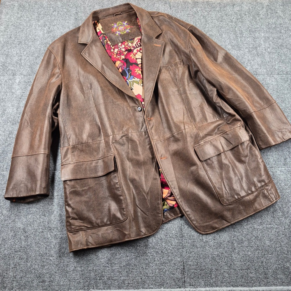 Robert Graham Mens Brown Leather Blazer Psychedelic Mushroom Lining Jacket 5XL